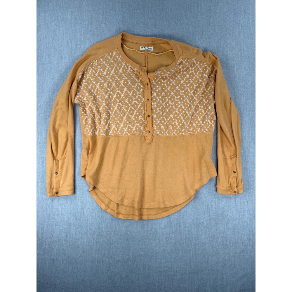 We The Free Free People‎ Mustard Yellow Embroidered Henley Top Long Sleeve XS